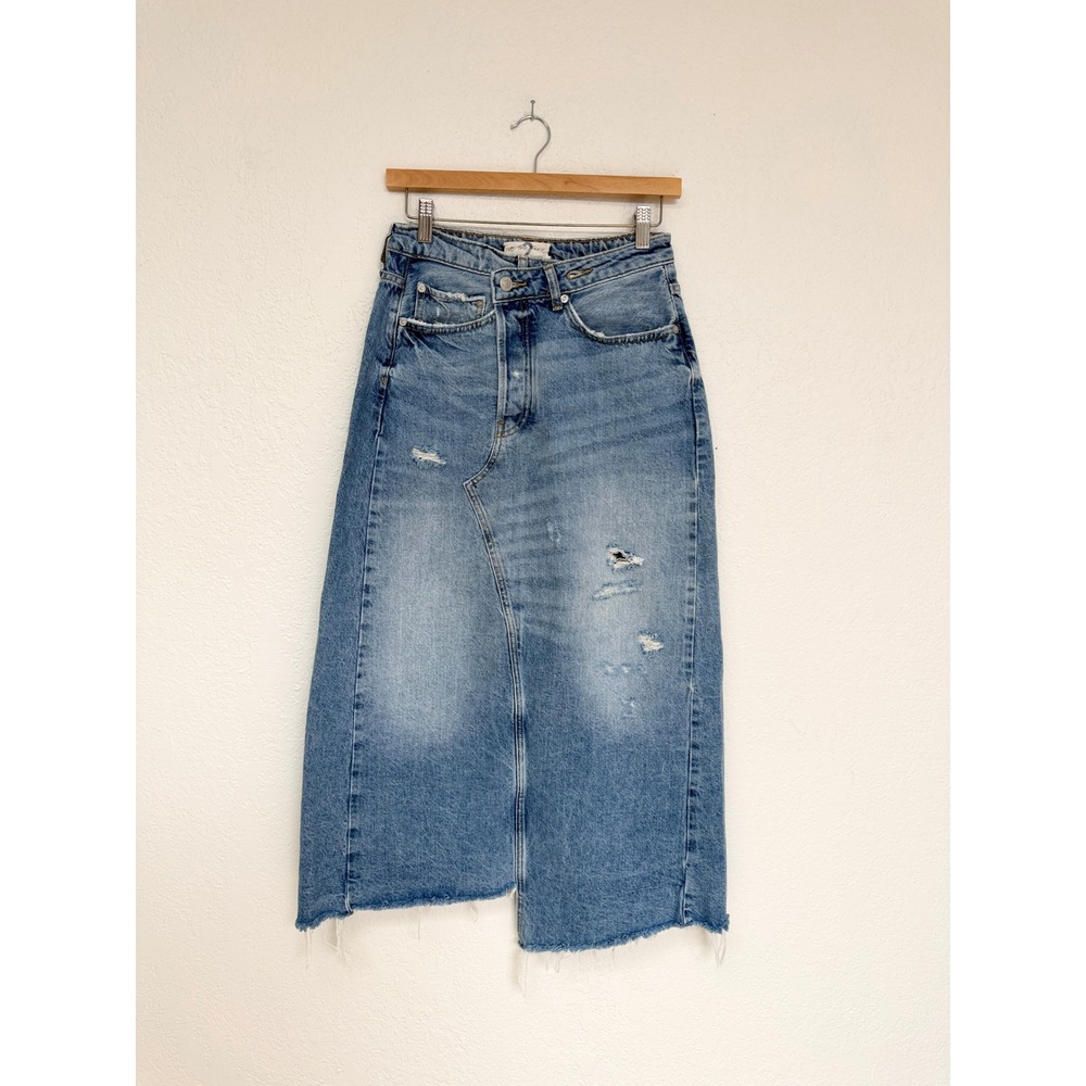 We The Free Asymmetrical Jean Skirt Free People Denim Midi Distressed Size 2